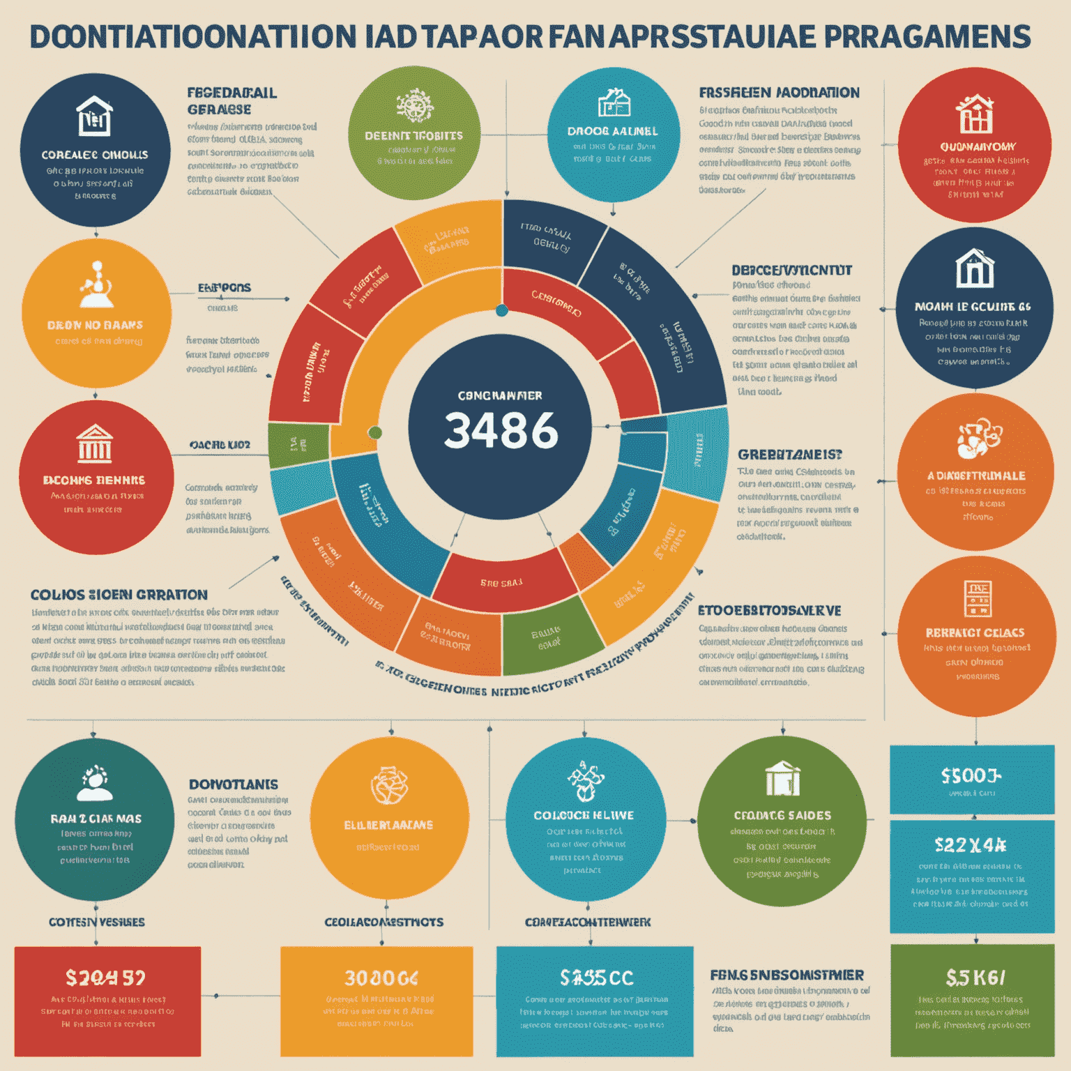 Grafic colorat și ușor de înțeles care arată alocarea donațiilor către diferite programe de asistență, utilizând culorile #F4A261, #2A9D8F și #E9C46A