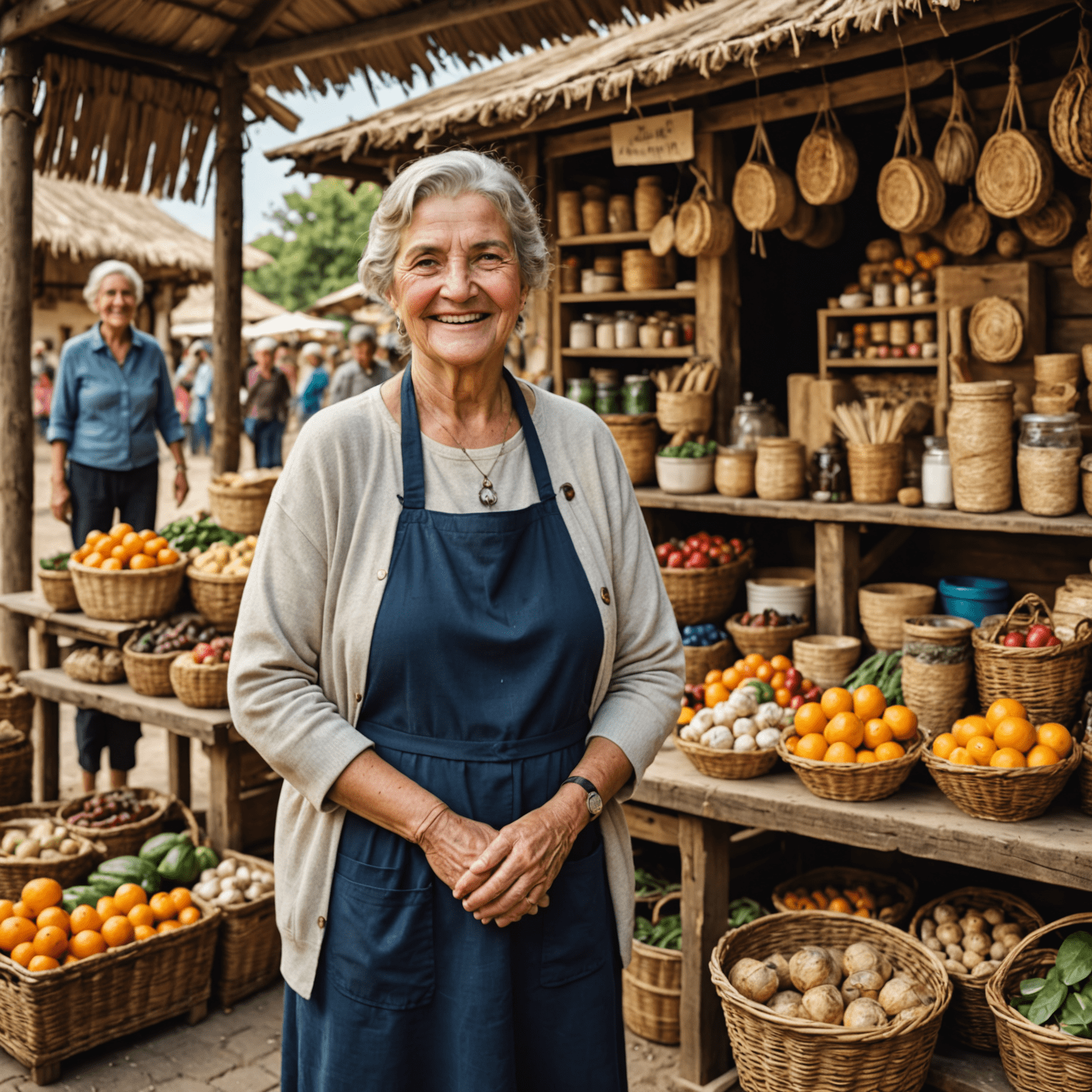 Bunica Elena stând zâmbitoare în fața unei mici tarabe cu produse artizanale făcute de ea. În fundal se văd alți vânzători și cumpărători într-o piață locală.